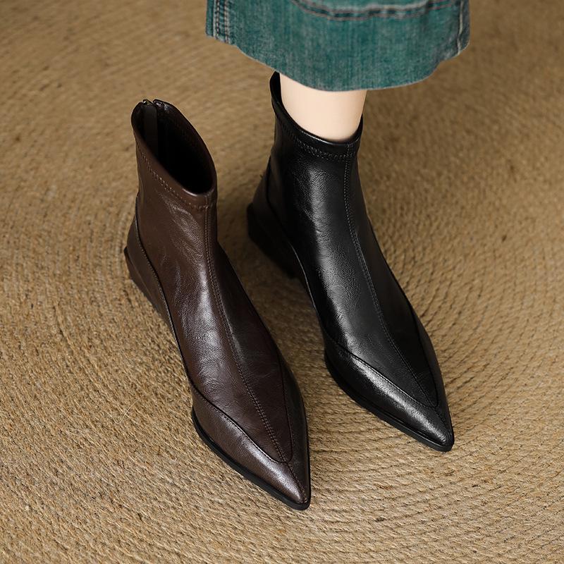 Women's Retro Brown Chelsea Boots: French Pointed Toe, Elastic Slim Fit, Chunky Low Heel, 2026 Autumn/Winter Collection