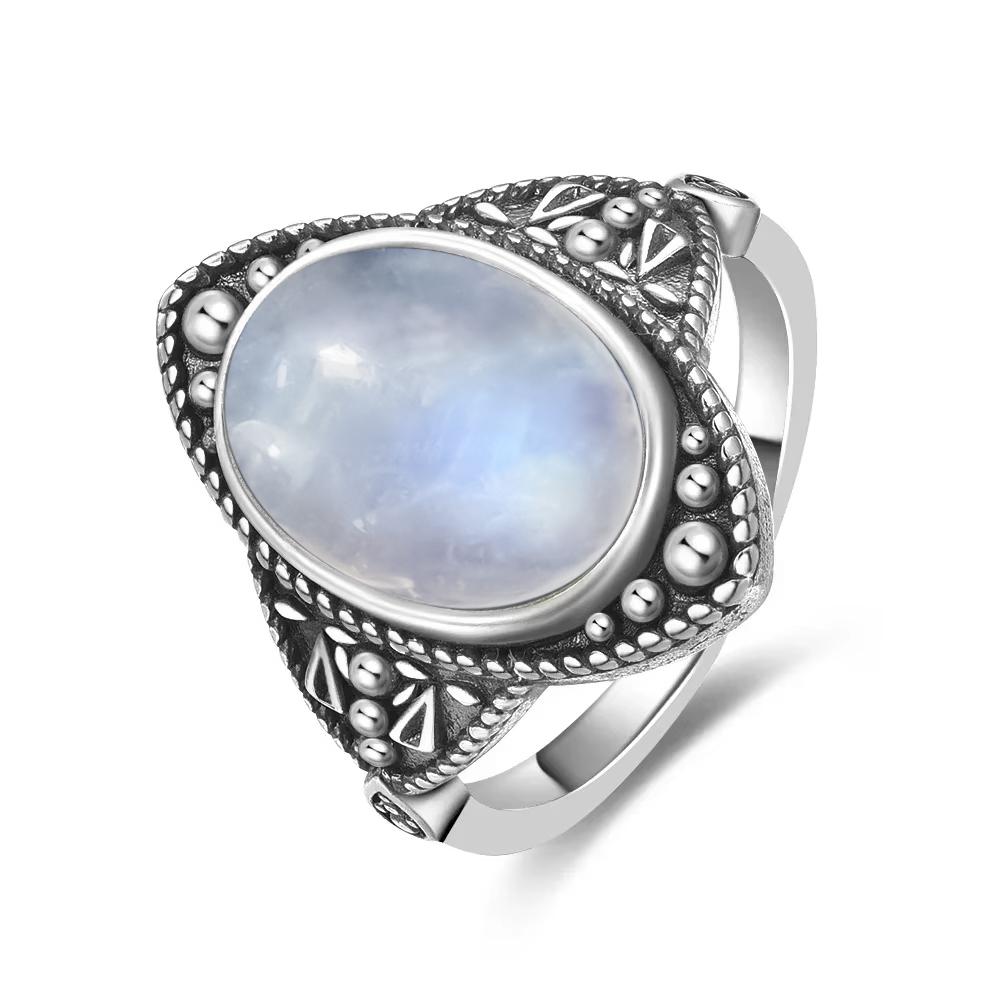 Vintage 925 Sterling Silver Natural Moonstone Rings Bohemia Oval Shape Retro Ring Gifts Fine Jewelry for Women Men