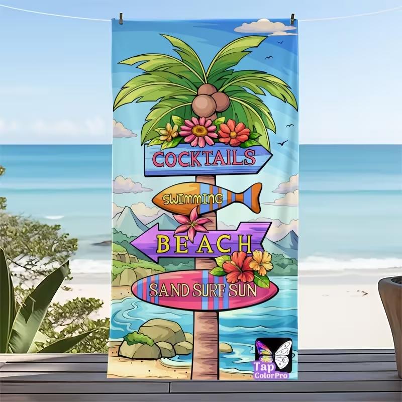 Summer Funny Beach Sign Seagull Print Beach Towel Artoon Letter Pattern Quick Dry Sand-Free Absorbent Soft Beach Blanket
