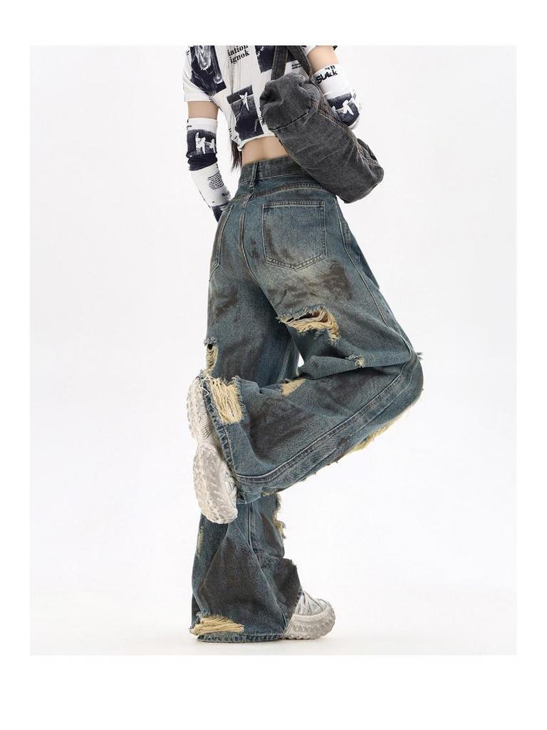 Trendy Graffiti Ripped Wide-Leg Jeans for Women - Autumn Wasteland Style