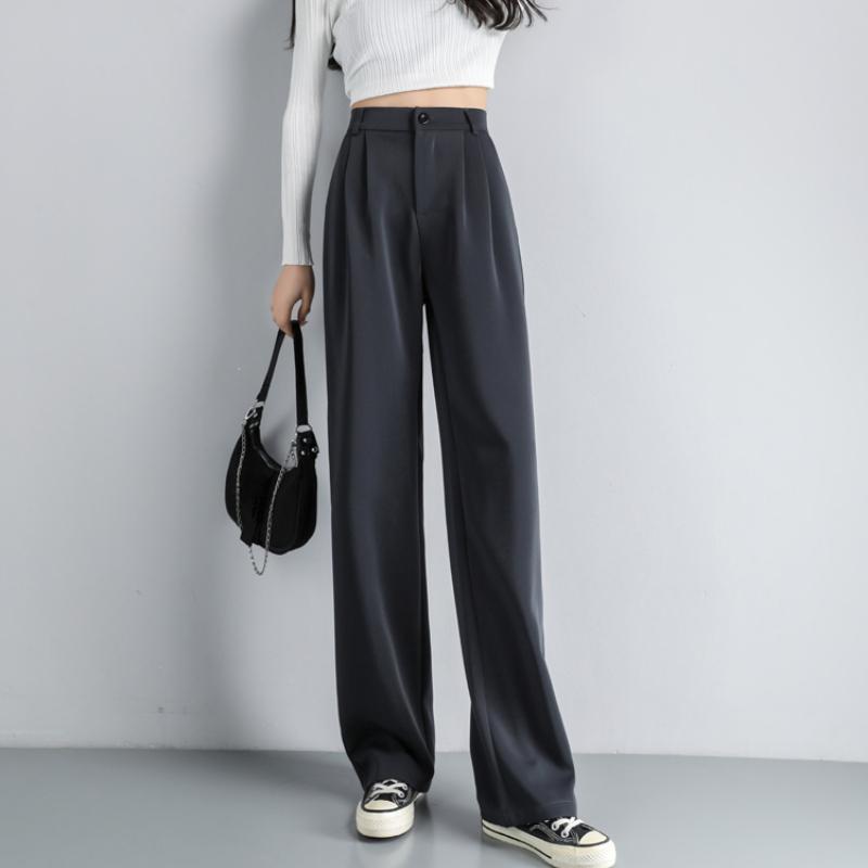 Fashion New Solid Straight Casual Wide Leg Pants Women Elegant Slim Fit High Waist Suit Pants Women Pockets Simple Office Ladies Trousers 25896