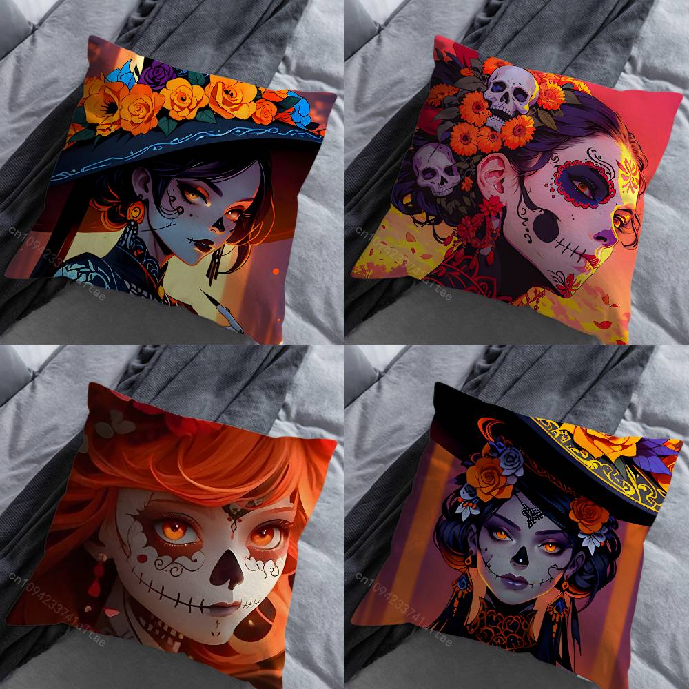 Cartoon Skull Girl Catrina Pillow Case For 30x30cm45x45cm55x55cm For Home Bedroom Decoration And Protector