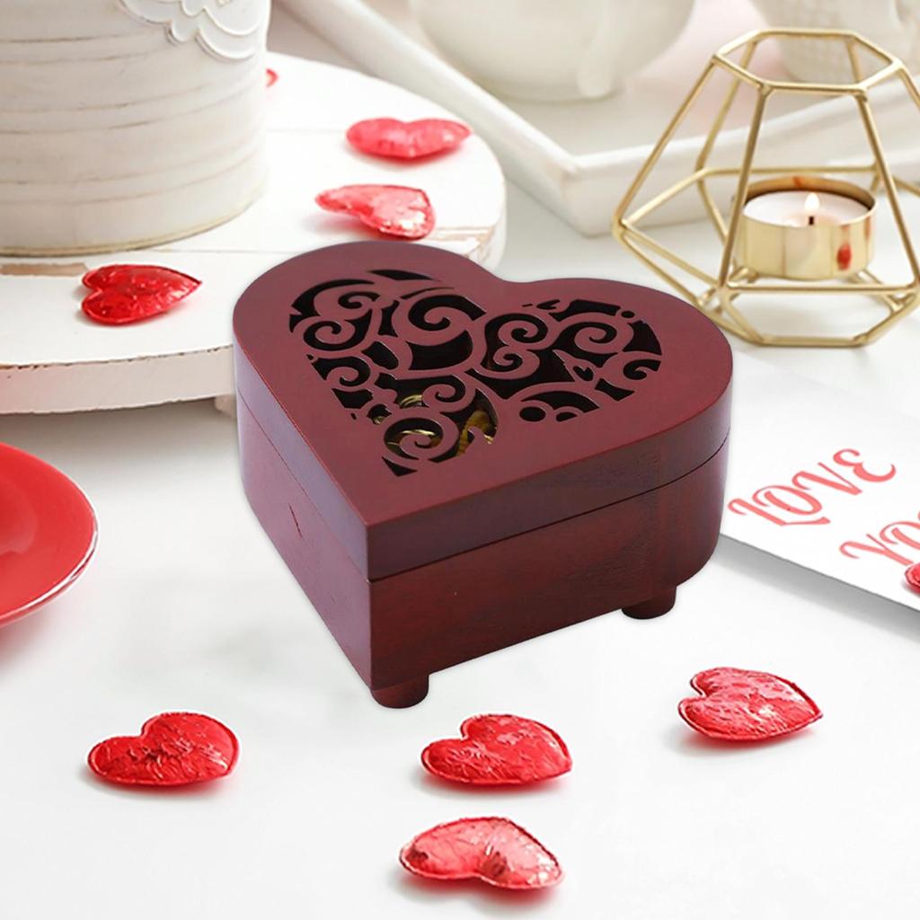 Wooden Heart Music Gift Box Hollowed Floral Carving Artistic Ornament for Girls Baby Sister Niece