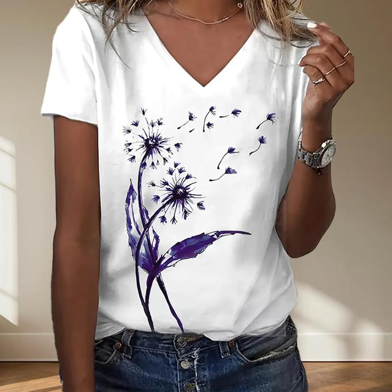 

Красивые блузки с рисунком одуванчиков, футболки с коротким рукавом и V-образным вырезом, повседневные XS фиолетовый
