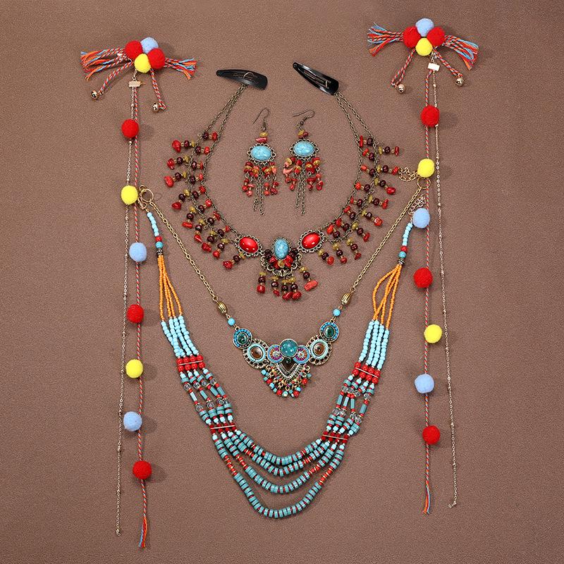 Böhmisches Retro Halsketten- & Ohrring-Set: Ethnischer Stirnschmuck im tibetischen Stil