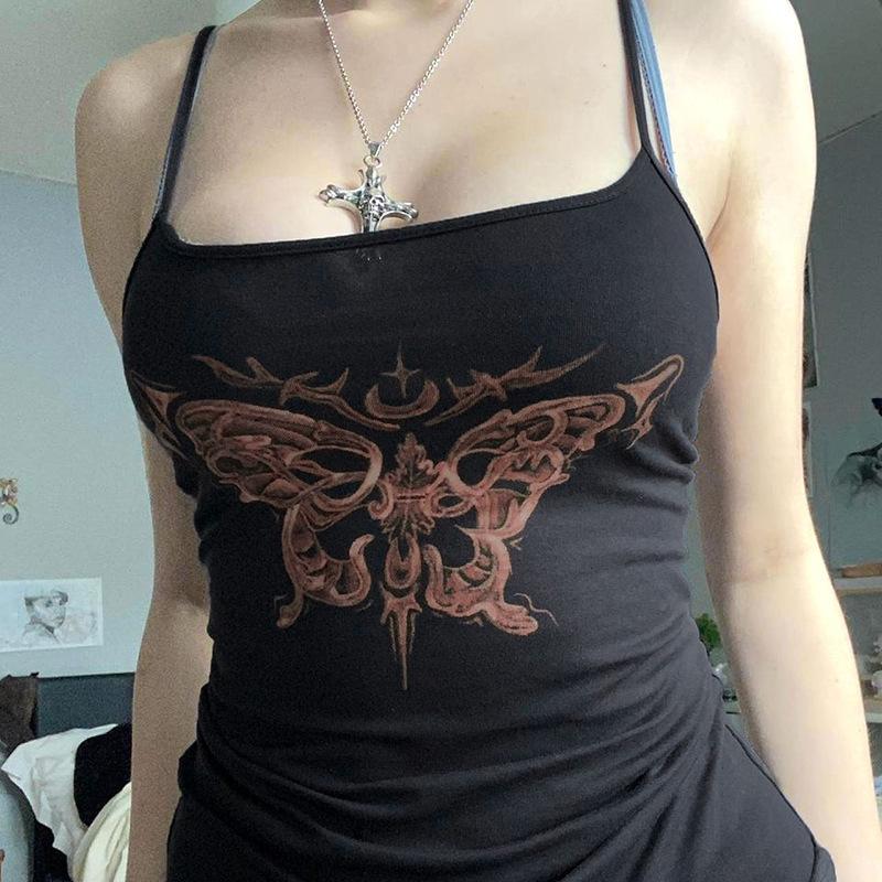 Dark Sexy Butterfly Printed Suspender Small Vest Women's American Elastic Slim Bottom Top Spice Girl New