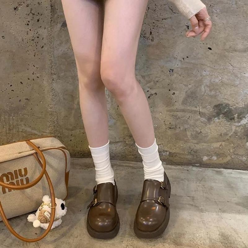 Women'S Leather Flat Shoes Retro Double Button Loafers Women'S Genuine Leather Round Toe Big Toe Women'S Shoes