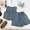 Girls' Pearl Button Denim Vest & Wide-Leg Shorts Set - Summer 2026 Collection