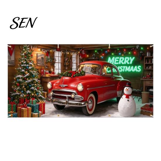 Outdoor Winter Party Supplies Christmas Garage Door Cover, Holiday Hanging Banner Backdrop, Decoration Santa Claus Snowman Truck Photography