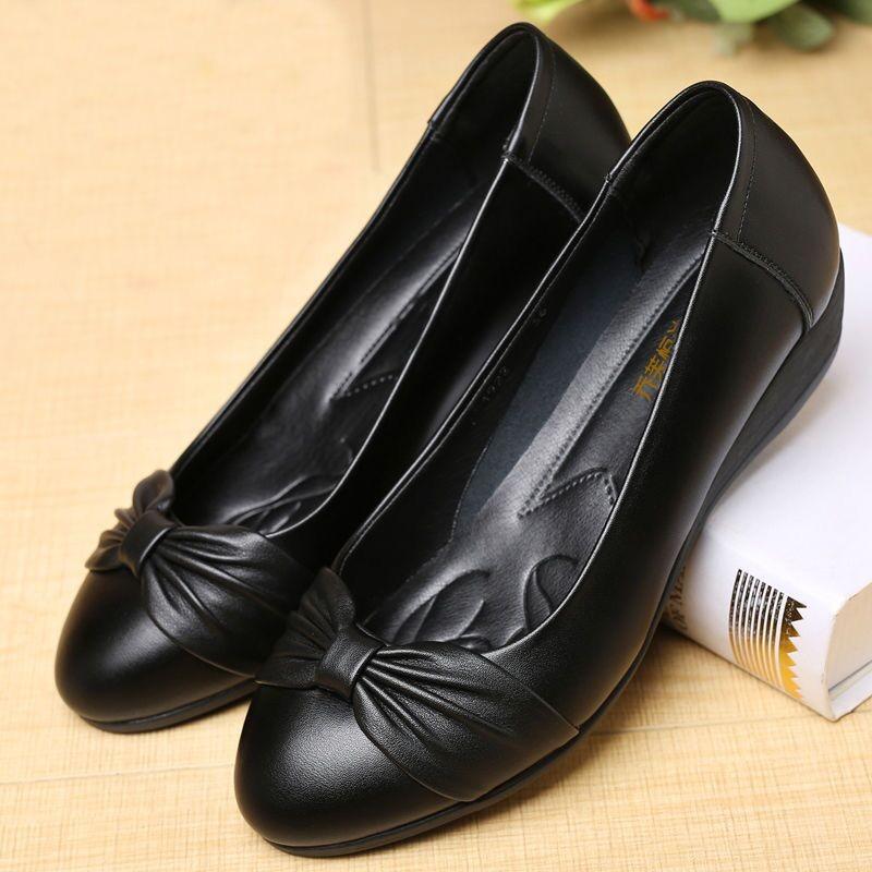 Soft Leather Soft-Soled Mother Shoes, Flat-Bottomed Wear-Resistant Waterproof Bow Work Shoes