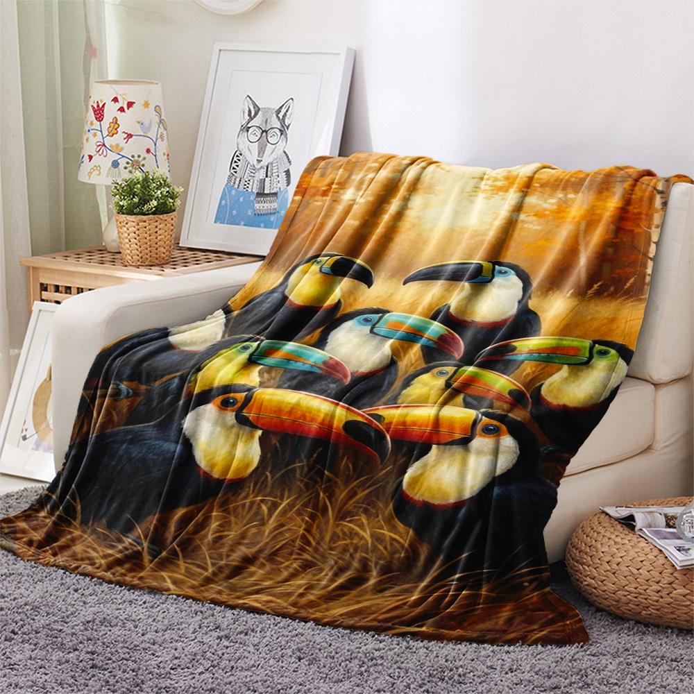 1PC Toucan Oil Painting Print FlAannel Blanket, High quality Comfortable for All Seasons, Home Decor, Warmth and Comfort