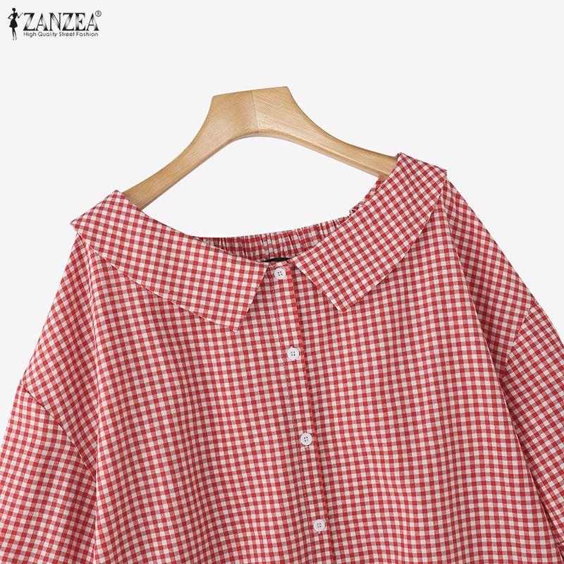 ZANZEA Damen Lässig Locker Reverskragen Kariert 3/4-Ärmel Bluse