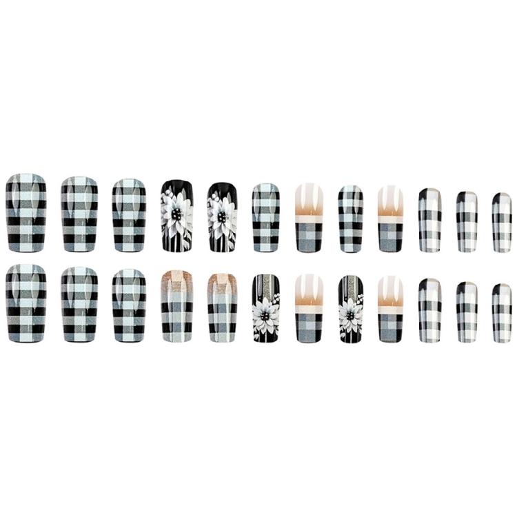 24 ks Lesklé PŘÍLEPNÉ NEHTY Šachovnice Falešné nehty Bílé květiny Plné krytí Přilepovací nehty Středně čtvercové Akrylové nehty
