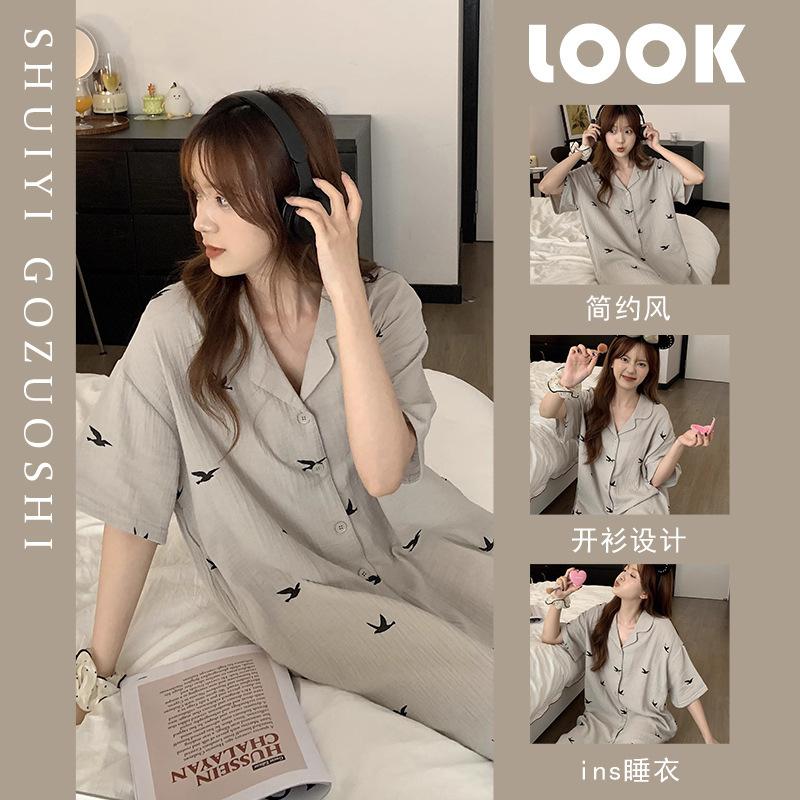

Simple short-sleeved nightgown women s summer new can be worn outside shirt lapel design pajamas ins loungewear M