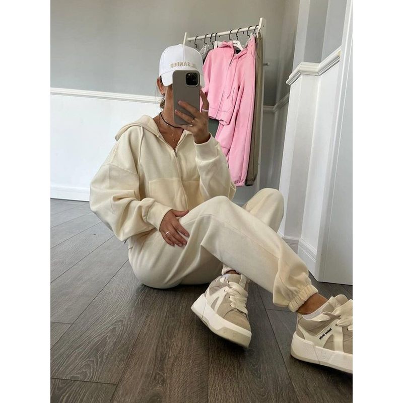 

2025 Amazon Повседневный женский однотонный с длинным рукавом Худи на молнии Эластичные брюки на шнуровке Костюм-двойка Apricot color S