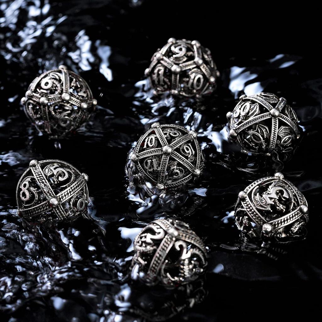 Set di Dadi Metallici per DND, Design Unico a Sfera Rotonda Vuota per un Migliore Rotolamento, Bellissimo Set di Dadi Metallici Drago per D&D, Giochi di Ruolo