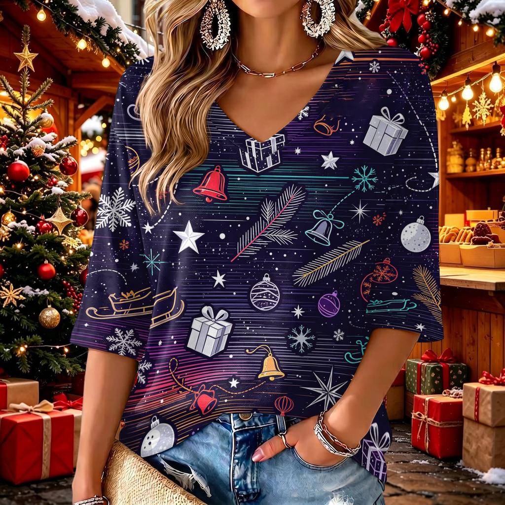 Women's Casual V-Neck Top with Christmas Print and Three-Quarter Sleeves