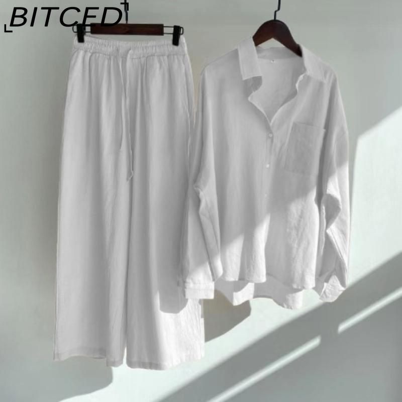 BITCED Women's 2-piece Vintage Plus-size Cotton and Linen Shirt Set High-waisted Loose Trousers