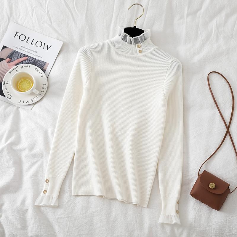 

Корейский сетчатый свитер с плетением, пуловеры с длинным рукавом, эластичные белые топы, женская осенне-зимняя одежда, тонкий трикотажный мягкий джемпер с пуговицами, полуводолазка one size белый