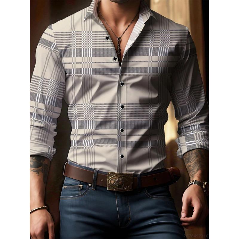 Men's plaid long-sleeved shirt, stylish and casual collared shirt, breathable and versatile top for everyday wear and commuting.