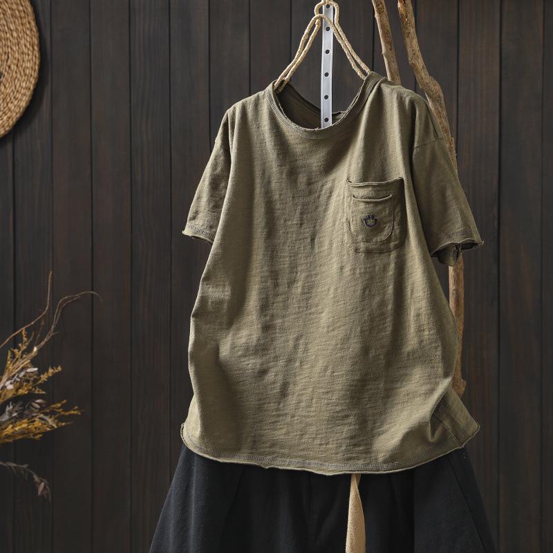 Women s Pink Short-Sleeve T-shirt with Smile Face Embroidery Pocket, Pure Cotton, Loose Fit, Age-Reducing 2026 Summer Top One Size (45-65kg) хаки