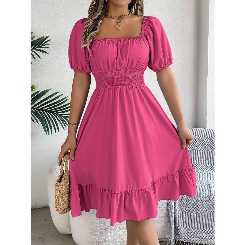 Euro Street Style Short Sleeve A Line Dress With Ruffle Hem For Casual Wear