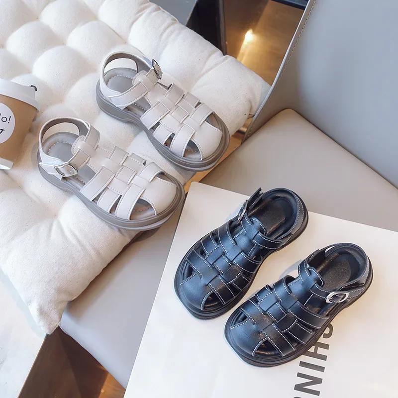 Kids Soft Fashion Beach Shoes 2024 Summer Kids Headed Hollow Sandals Solid Color Baby Girls Retro Princess Shoes for Vacation