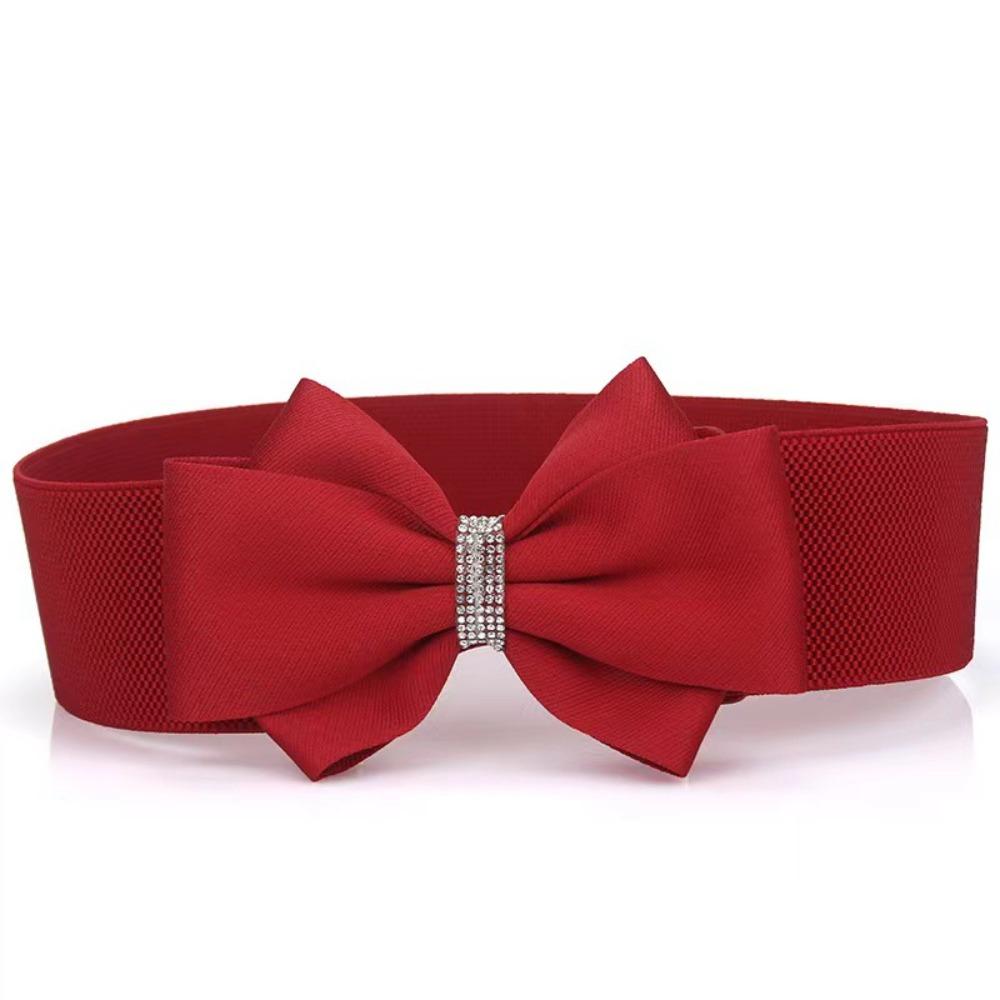Adjustable Buckle Elastic Bow Belt Solid Color Rhinestone Stretch Belt Dress Coat Accessories