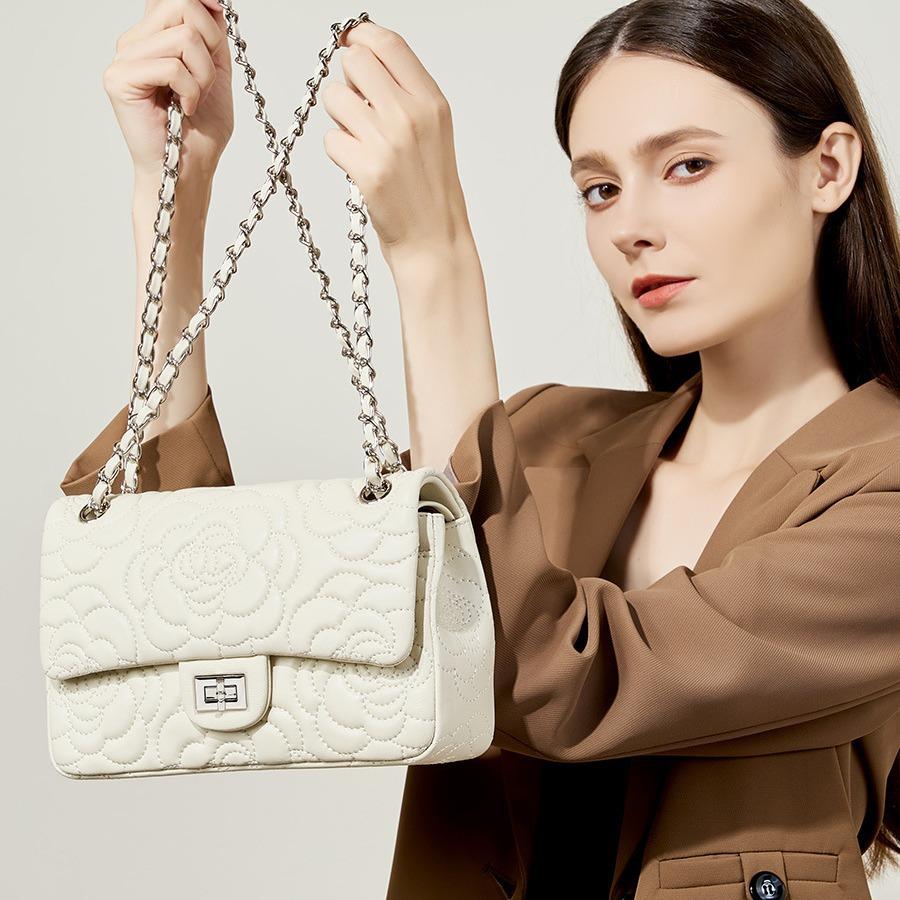 Xiangjia's New Genuine Leather Chain Small Xiangfeng Camellia Embroidery Thread Bag Small Sheepskin Shoulder Crossbody Bag Armpit Women's Bag