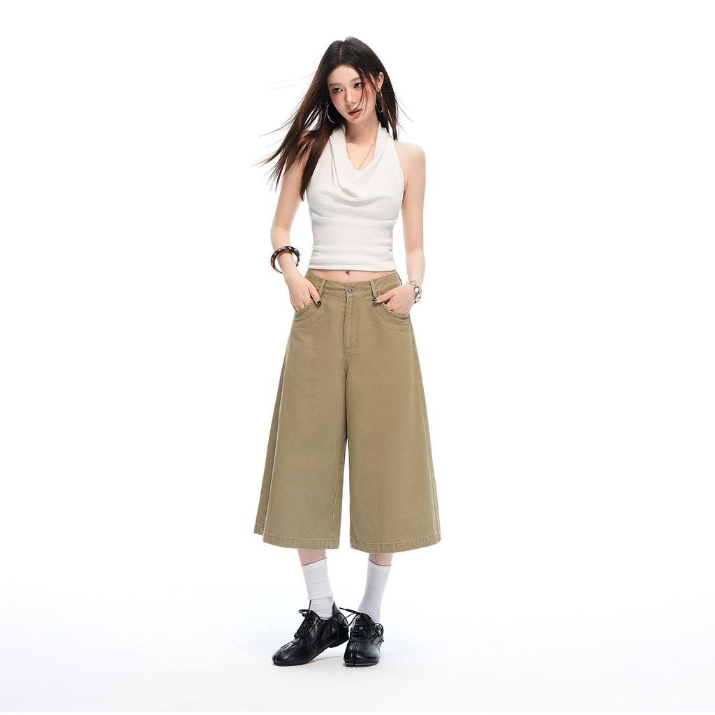 Fashion Summer Loose Straight Khaki Cropped Capri Casual Pants For Women Trendy Versatile Slimming FigureFlattering Daily Wear