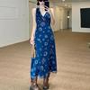 Elegant Retro V-Neck A-Line Summer Dress - Slim Waist, Beach Style