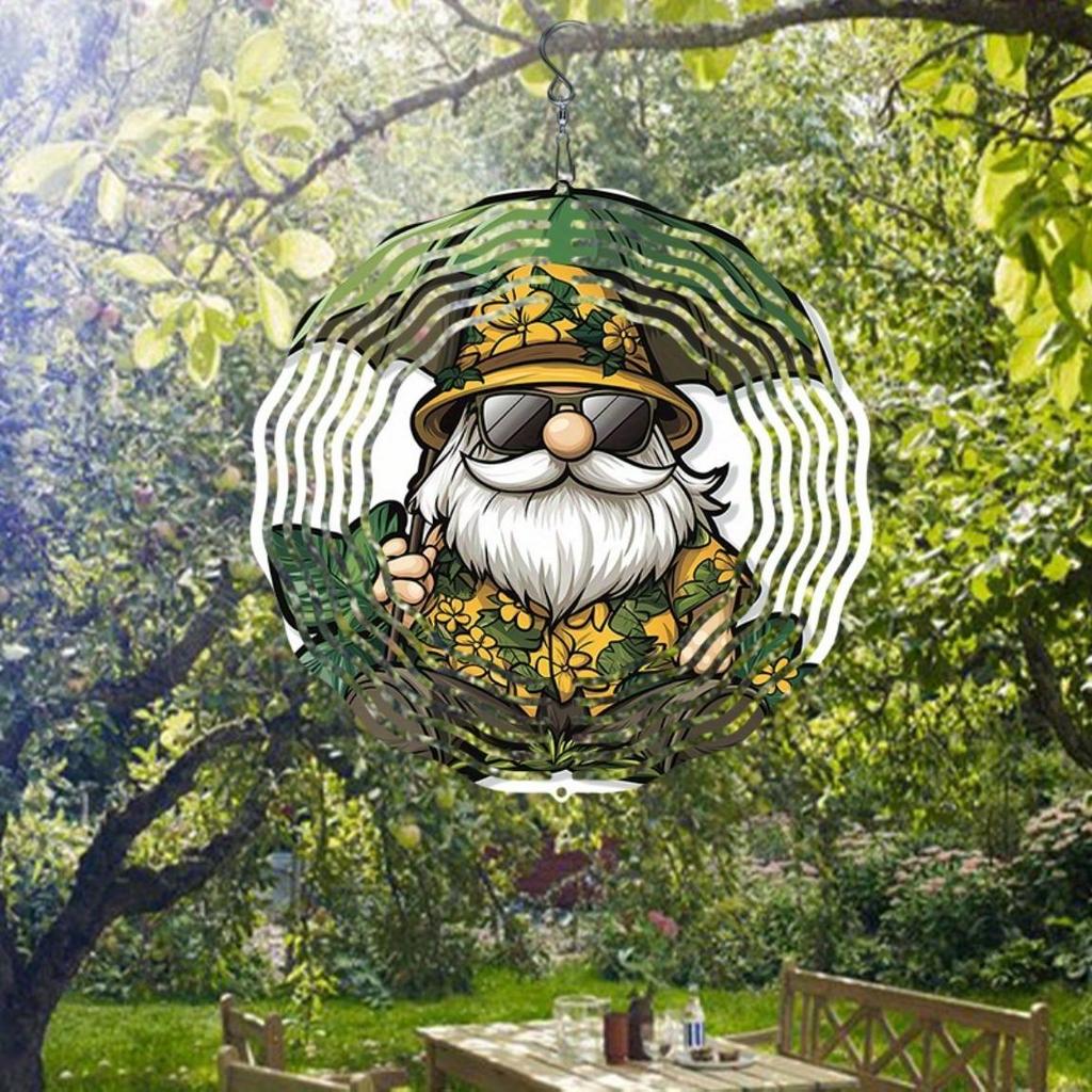 2D Metal Wind Spinner Gnome Design Outdoor Hanging Decor for Garden Patio Yard No Power Needed Rotating Wind Chime with Yellow Green Hat