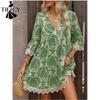 Damenmode Sommer Frühling 1/2 Ärmel V-Ausschnitt Lockere Taille Lässige Kleider