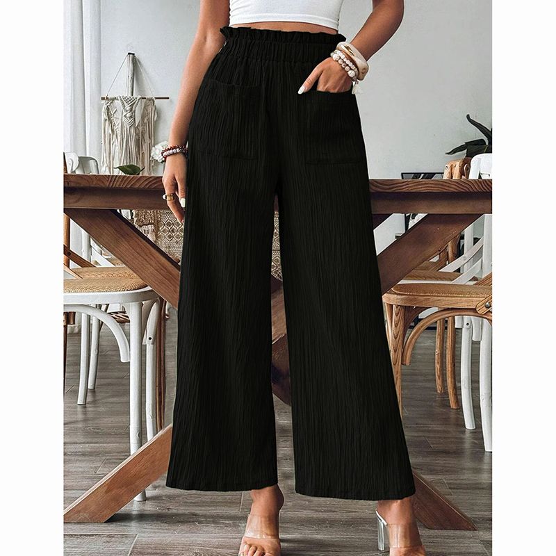 

Fall Fashion New Arrival Southeast Asia Creamy-white Elastic High Waist Crimp Loose Pockets Casual Straight-Leg Wide-Leg Pants Black
