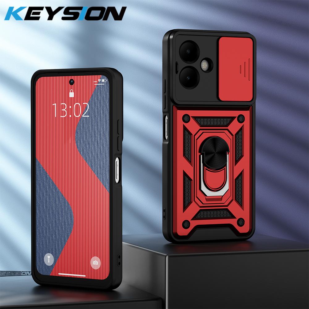 KEYSION Shockproof Case for TECNO Spark Go 2 Pop 10 Slide Camera Lens Protection Ring Stand Phone Cover for Infinix Smart 10