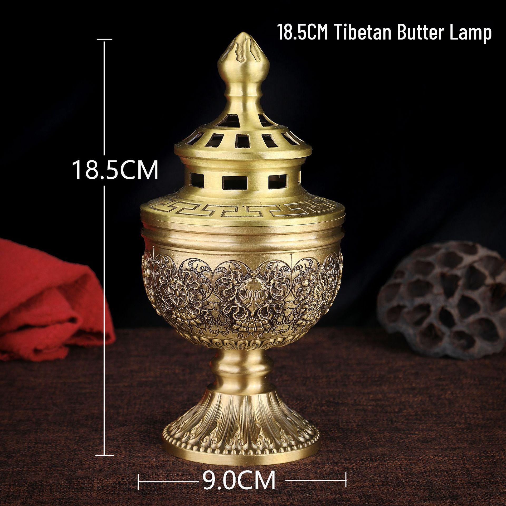 Tibetan Brass Butter Lamp with Carved Eight Auspicious Symbols, Windproof Holder, Everlasting Light.
