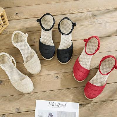Sandales d'été compensées pour femmes de style ethnique - Lin respirant avec boucle à une bride et design à talon haut