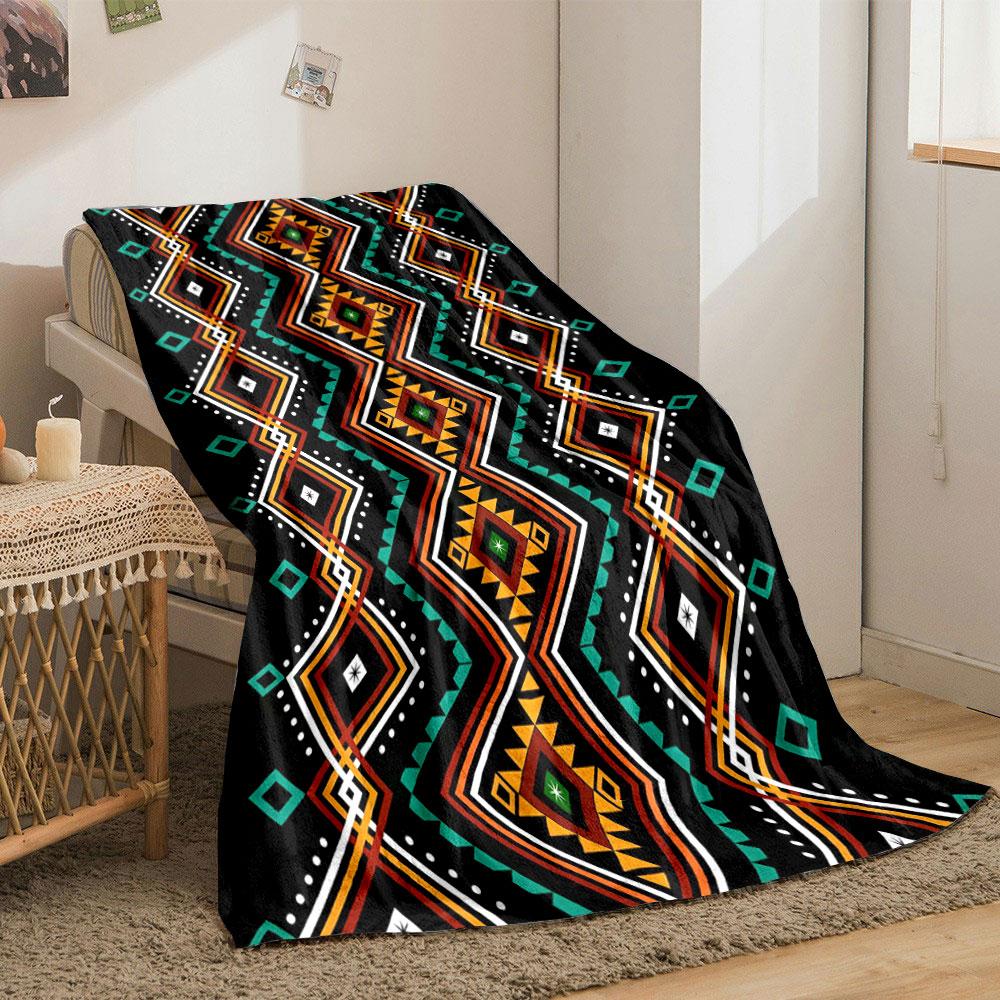 Geometric diamond shapes with angular lines and vibrant tribal colors. for all seasons blanket lunch break throw gift