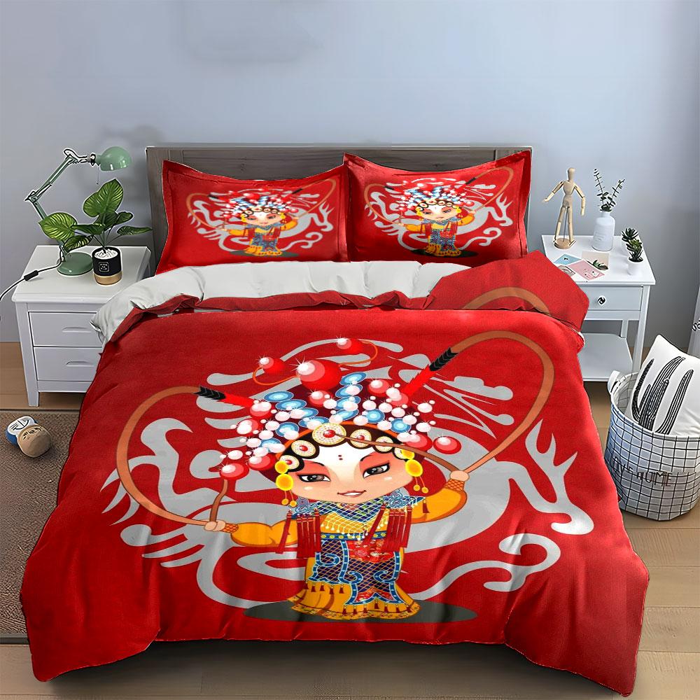 Traditional Chinese Opera Art Set Multiple Sizes Kid'S And Adults' Bedroom Exquisite 3Pc Bedding Set, Gift