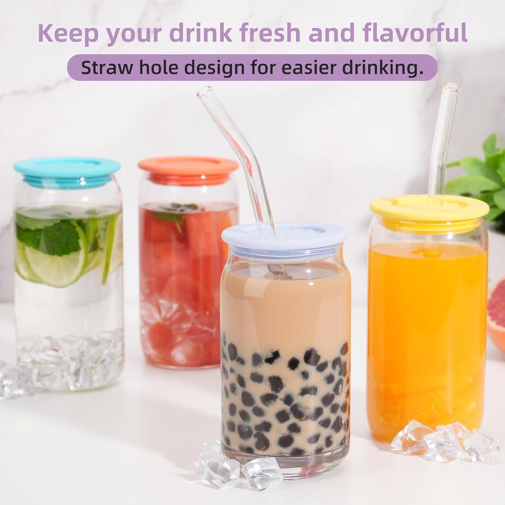 4 Pcs Silicone Lid Fit for Netany 16OZ Drinking Glass Cups with a diameter of 2.3"/58 mm, Replacement Lids for Beer Can Cups, Reble Cover with Straw