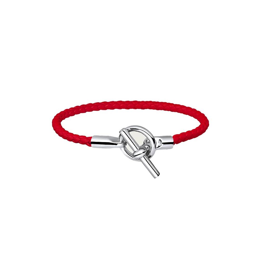 Hermes Glenan Woven Round Hollow Decoration Calfskin Palladium Plated Bracelet Unisex Bracelet Red H071681FPS3T3