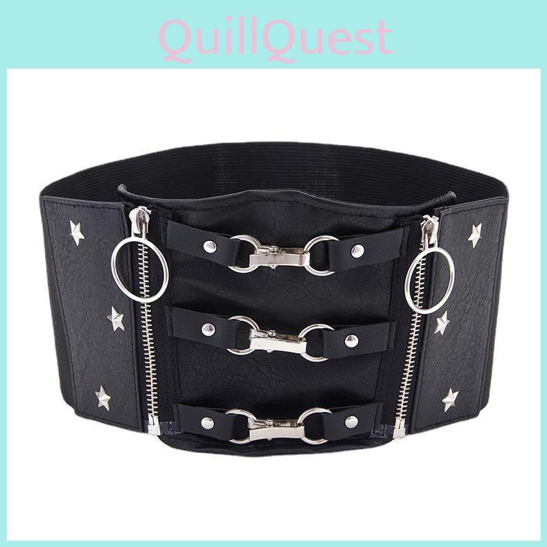Fall Punk Style Wide Leather Waist Belt With Metal Clasp And Zipper Design