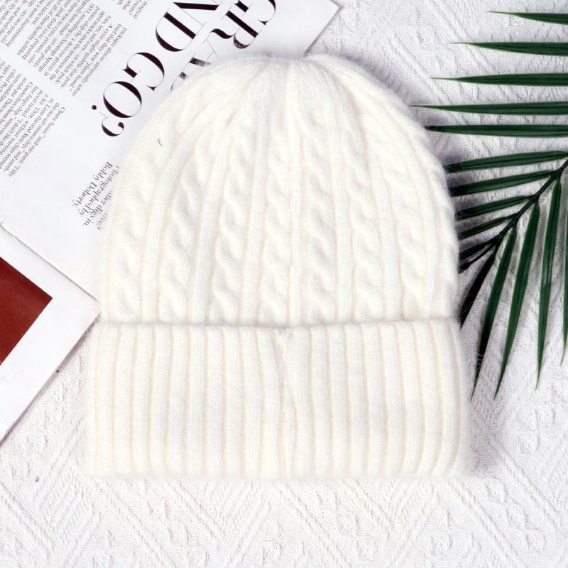 Angola rabbit fur warm solid color light board autumn and winter versatile candy color vertical stripe knitted hat women