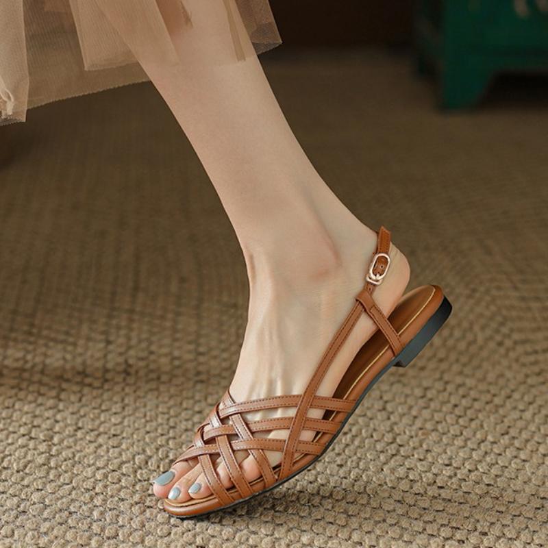 Rome Woven Sandals Women Flat European and American Women's Shoes White Low Heel Hollow Fish Mouth Shoes