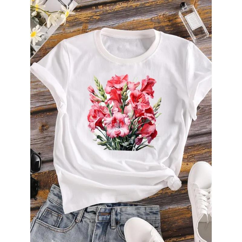 (European Size) 90s Women Flower Watercolor Trend Cute Short Sleeve Fashion Tee Top Clothing Print Lady Casual T-shirt Female Graphic T-shirts