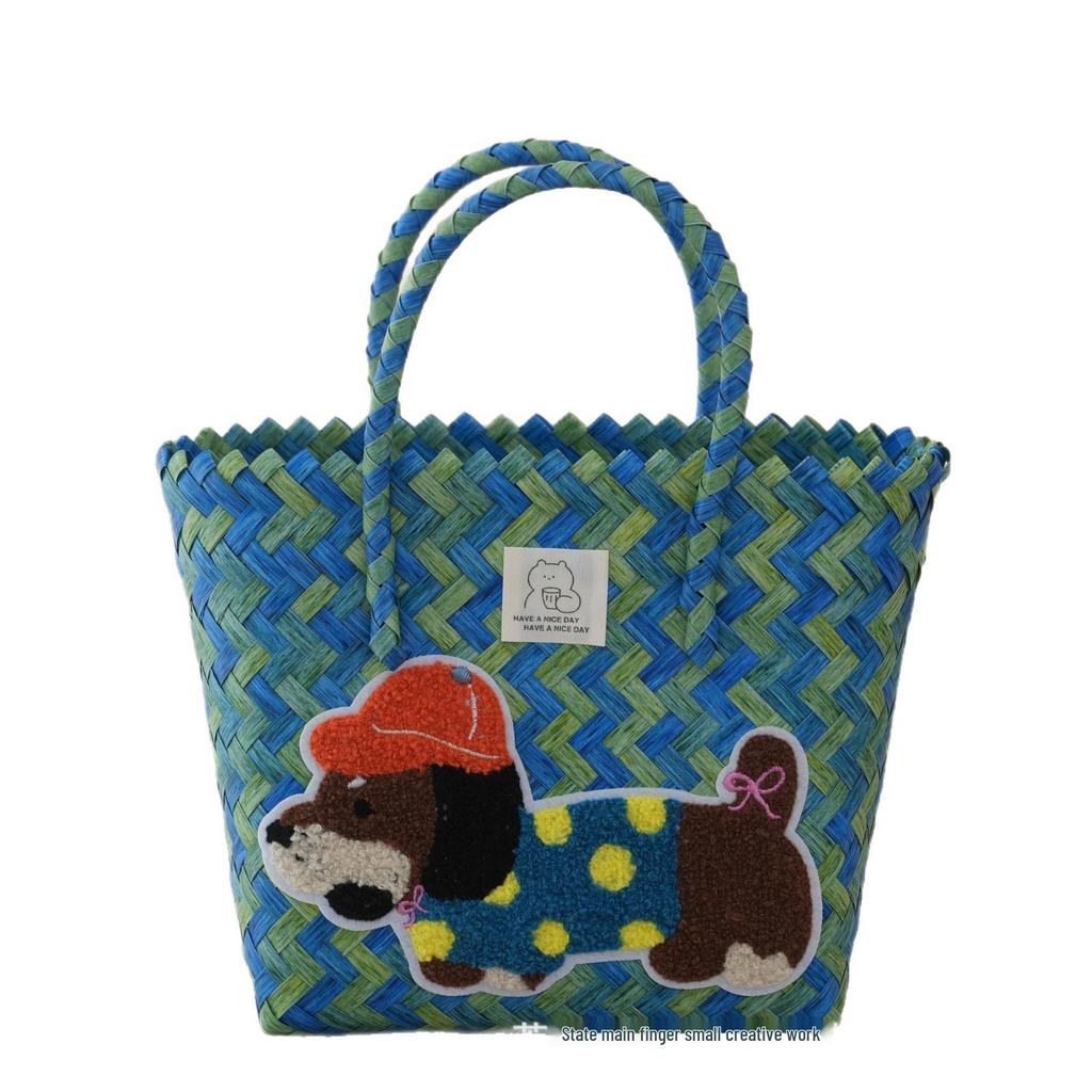 Handmade Dachshund Cartoon Rattan Tote: Woven Vegetable Basket for Work & Commute