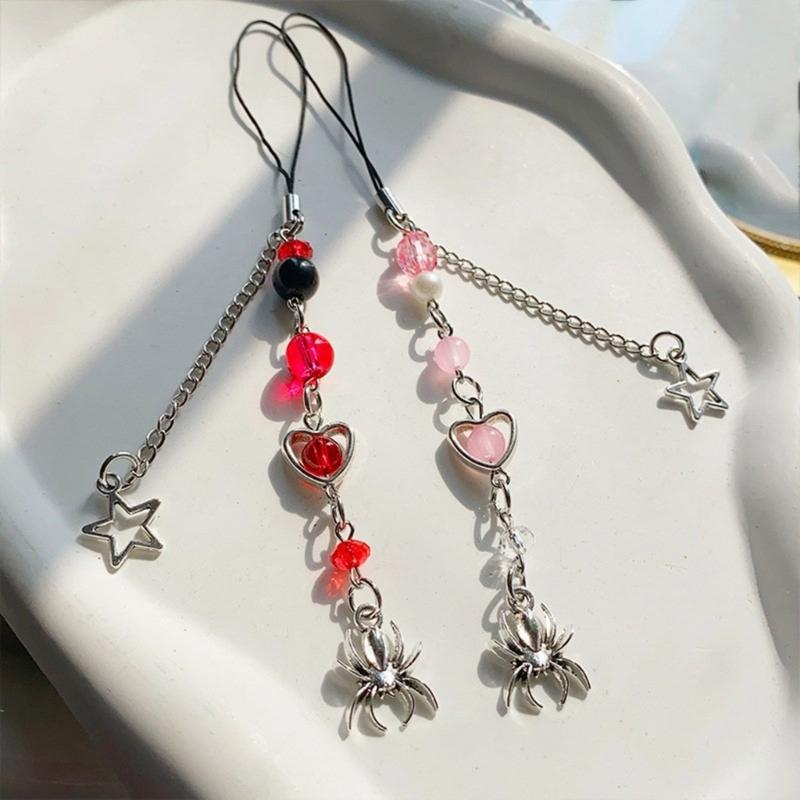 Handmade Beaded Phone Chain Halloween Spiderweb Cellphone Charm Colorful Keyring Pendant Keychain Jewelry Accessory