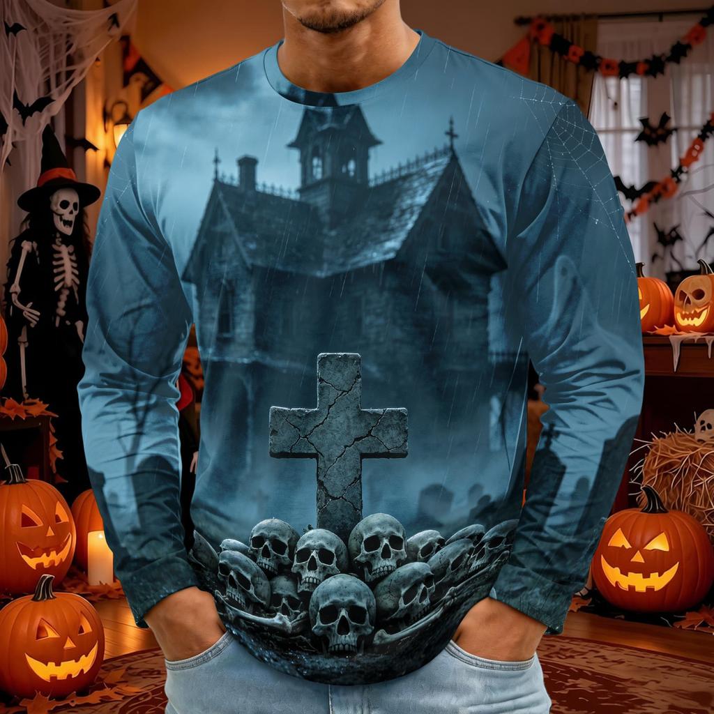 Men's Halloween Print Long Sleeve Neck T-Shirt for Party and Casual Wear
