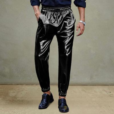 Men Performance Pants Drawstring Elastic Waist Ankle-banded with Pockets Glossy Surface Disco Trousers Stage Party Nightclub Cosplay Pants