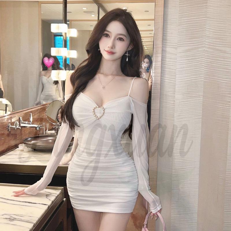 Elegant Off-the-Shoulder Mesh Bodycon Dress with Long Sleeves Extra Large белый